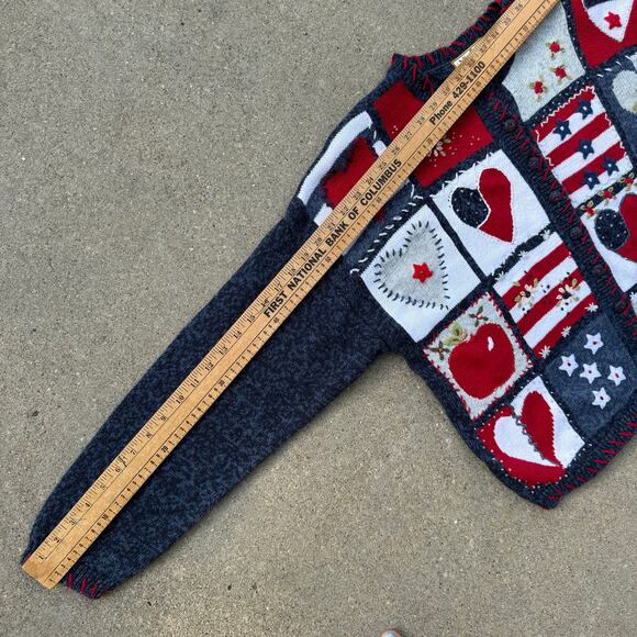 Vintage 90s Knit Hearts Americana Patchwork Sampler Cardigan Sweater XL - Picture 8 of 8